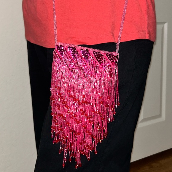 Y2K Barbie Pink Beaded Fringe Sequin Crossbody Mini Bag Purse - Picture 3 of 5